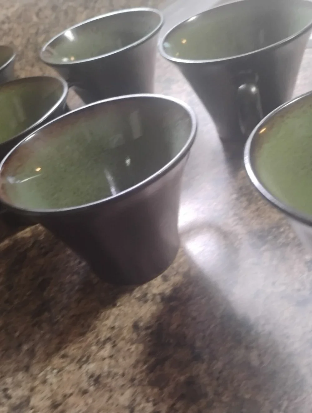 Set of 7 Vintage Gabbay by Gibson Fusion Wasabi Green & Brown Drip Glazed Mugs